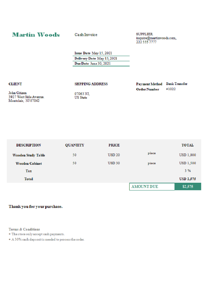 USA Martin Woods invoice PSD template
